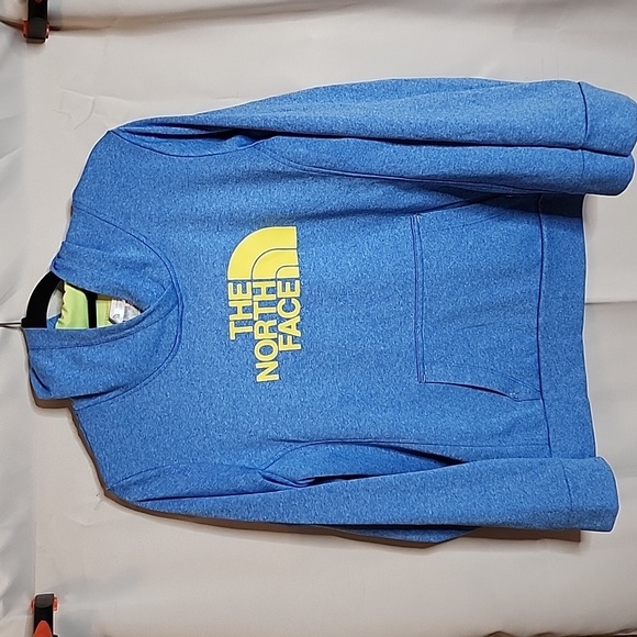 The North Face Heather Blue Yellow Logo Print Track Pullover Hoodie Ladies Sz Lg - Picture 1 of 3